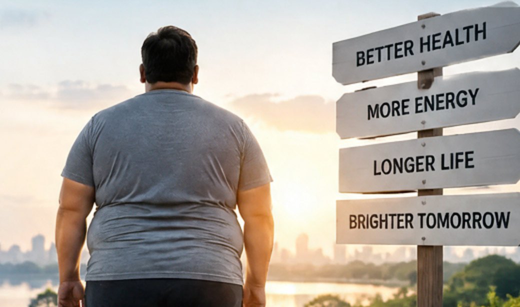 A person looking toward a signpost reading better health, more energy, longer life, brighter tomorrow