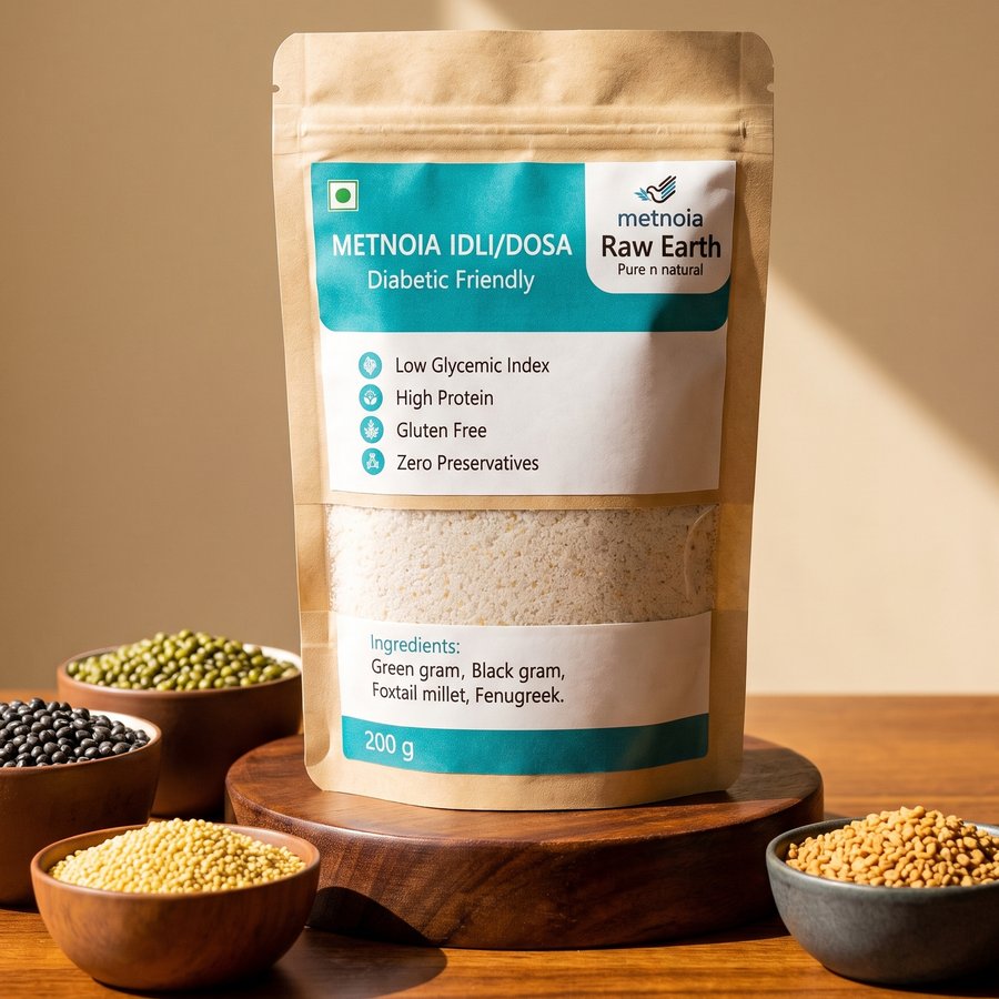Idli/Dosa Mix, 200 g pouch, with bowls of green gram, black gram, millet and fenugreek