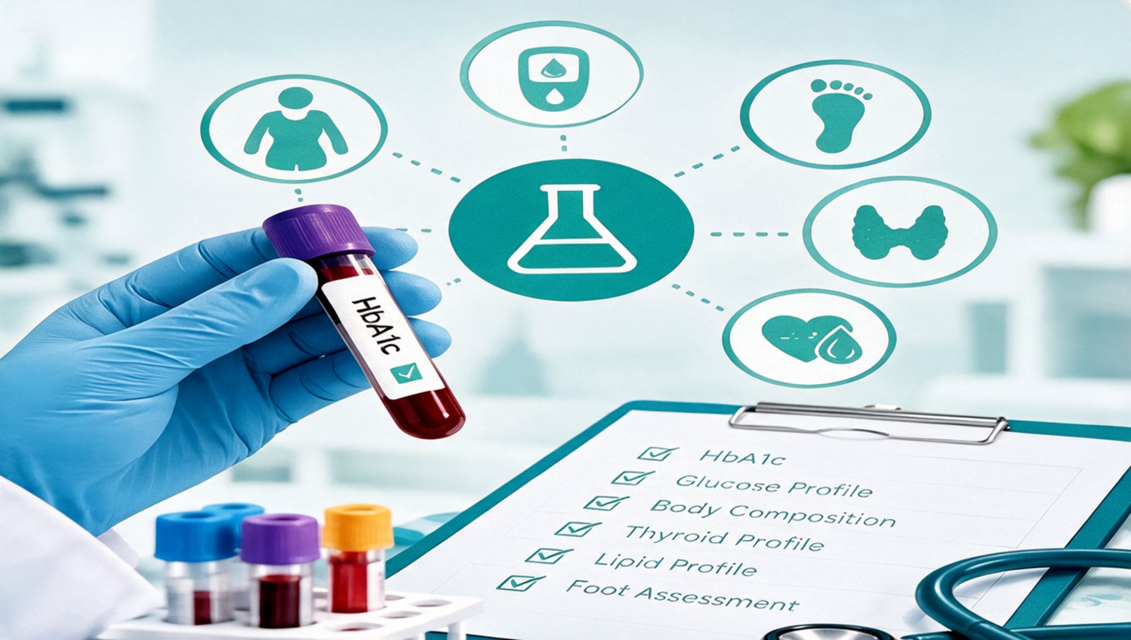 Laboratory technician holding an HbA1c blood sample beside a checklist of specialized tests